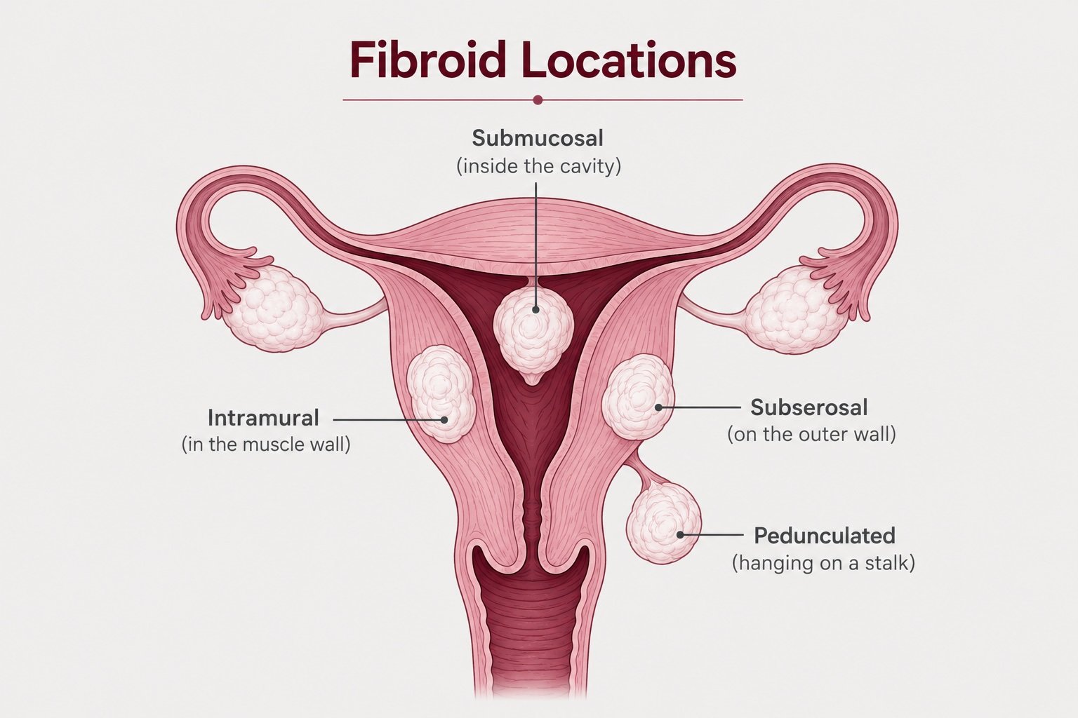 Diagram showing fibroid types and locations: submucosal, intramural, subserosal and pedunculated fibroids in the uterus