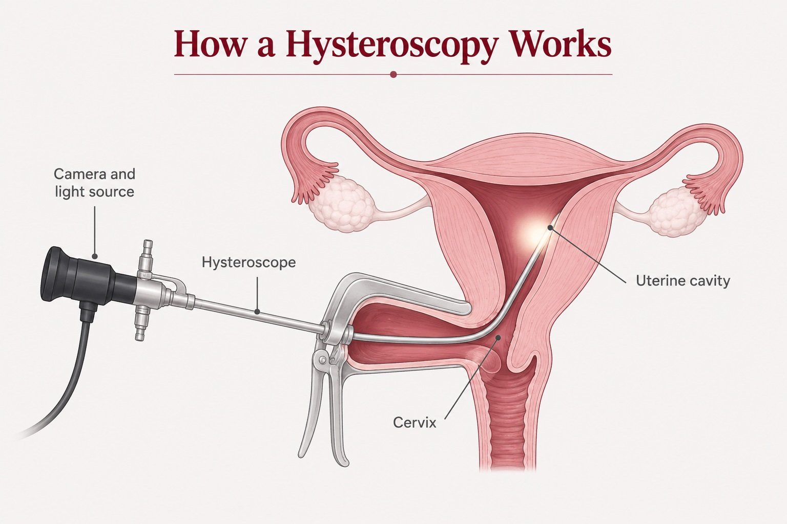 Diagram showing how a hysteroscopy works, with hysteroscope passing through the cervix into the uterine cavity