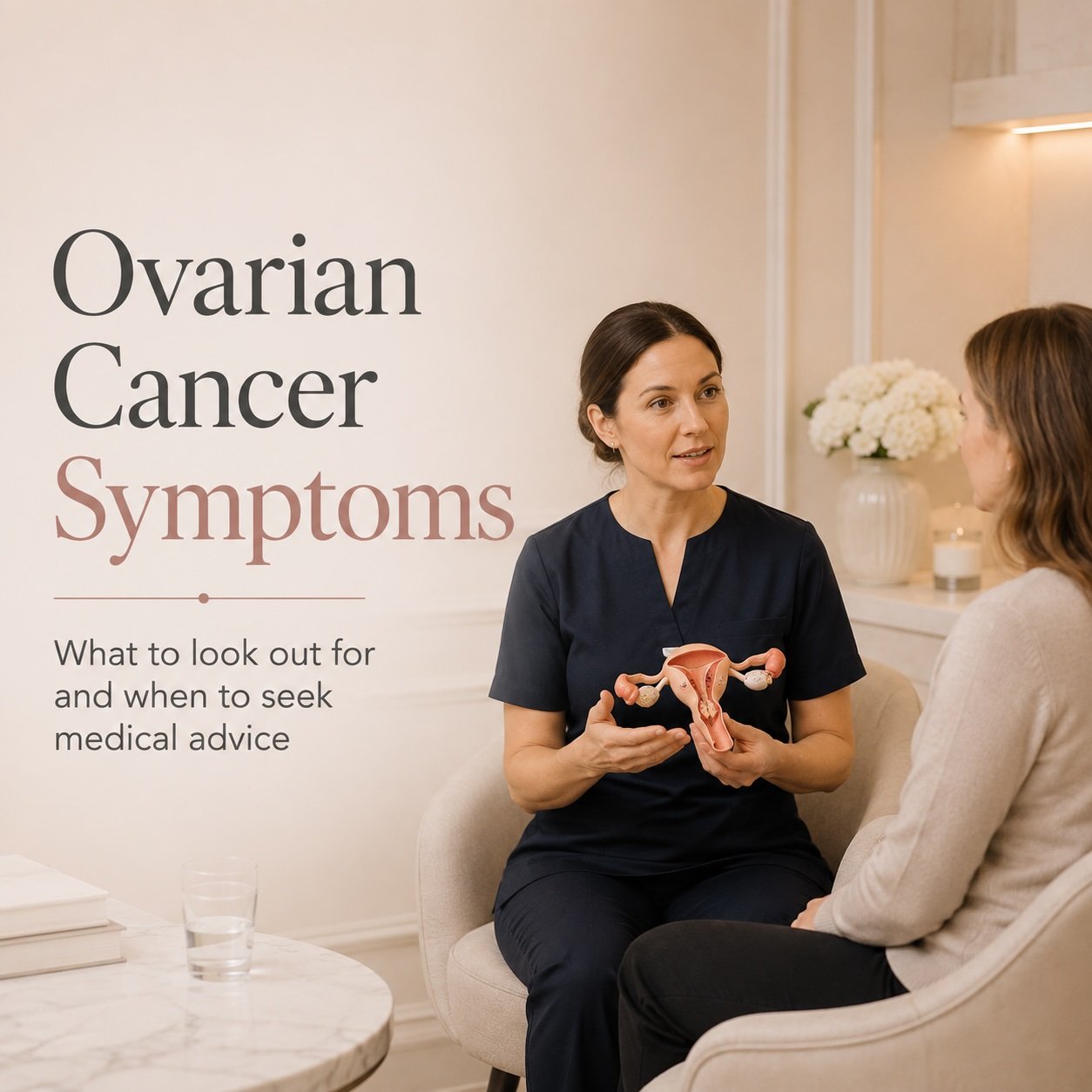 Consultant gynaecologist discussing ovarian cancer symptoms with a patient at Ovara Health in Chelsea