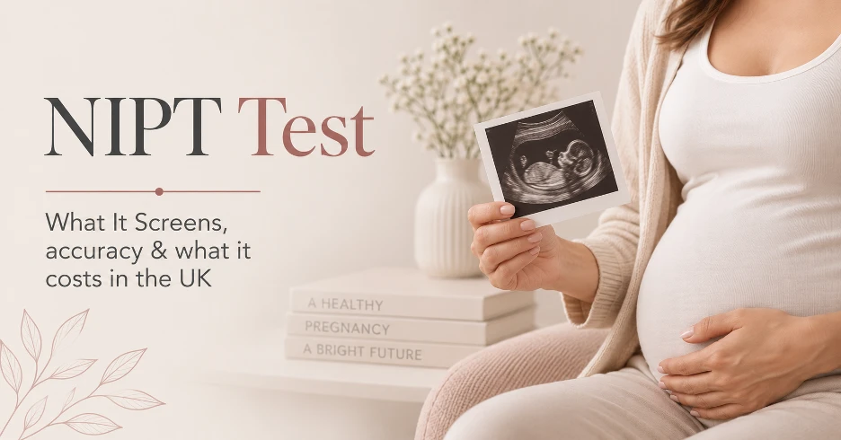 NIPT Test: what it screens, accuracy and what it costs in the UK. Pregnant woman holding an ultrasound scan photo.